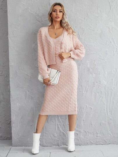Solid Button Front Cardigan & Dress Sweater Set Without Belt