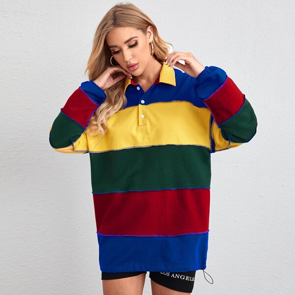 

Collared Buttoned Front Contrast Stitch Colorblock Sweatshirt, Multicolor