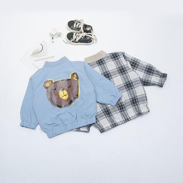 

Toddler Boys Double-sided Cartoon And Plaid Jacket, Baby blue