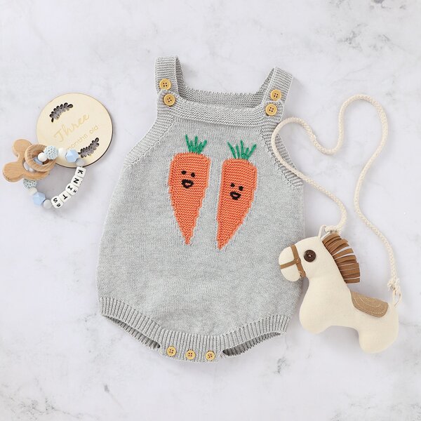 

Baby Boy Cartoon Carrot Pattern Knit Cami Bodysuit, Light grey