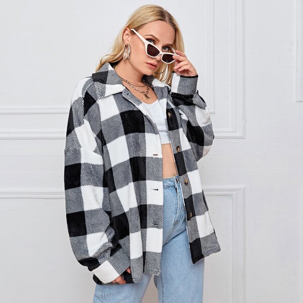 

Plus Single Breasted Buffalo Plaid Teddy Coat, Black and white