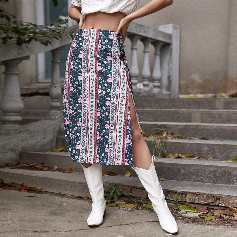 

Floral And Geo Print Slit Skirt, Multicolor