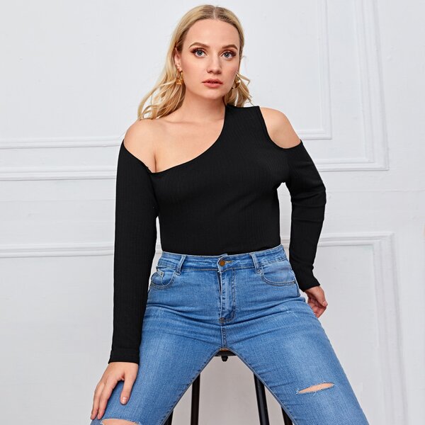 

Plus Asymmetrical Neck Rib-knit Tee, Black