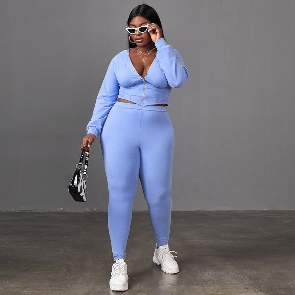 

Plus Zipper Up Seam Front Sweatshirt & Leggings Set, Blue pastel