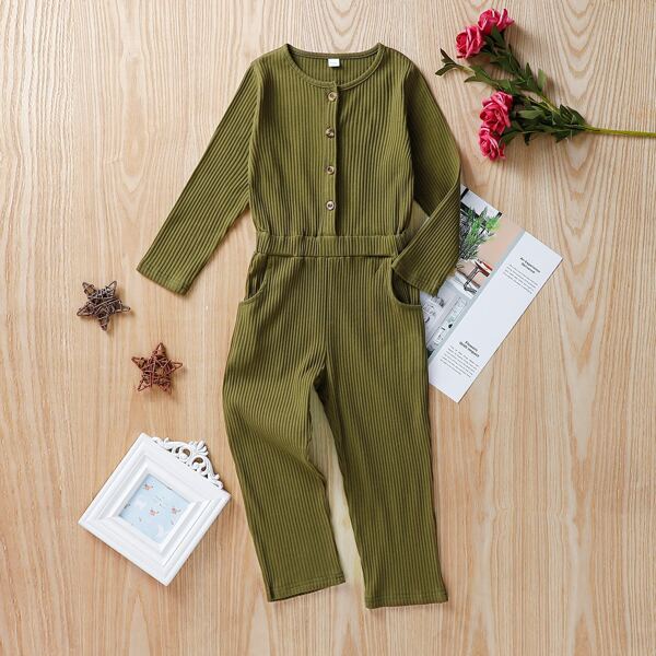 

Toddler Girls Button Front Ribbed Tee Jumpsuit, Olive green