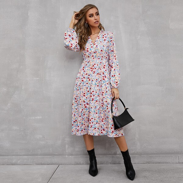 

Allover Floral Print V-Neck Dress, Multicolor
