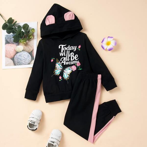 

Toddler Girls Butterfly And Slogan Graphic Hoodie With Sweatpants, Black