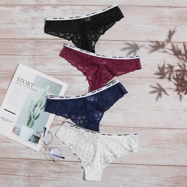 

4pack Floral Lace Letter Tape Panty Set, Multicolor