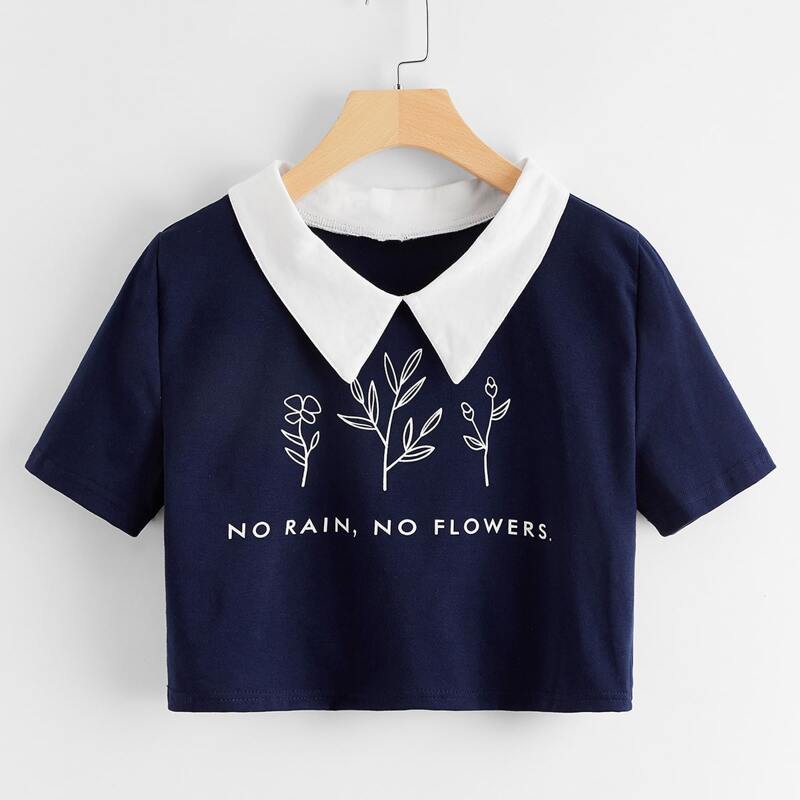 

Contrast Collar Letter Flower Graphic Crop Tee, Navy blue