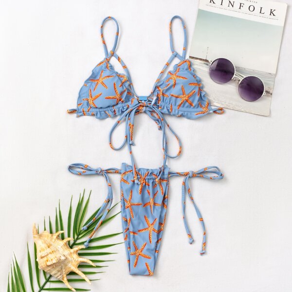

Starfish Print Triangle Tie Side Bikini Swimsuit, Blue