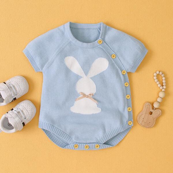 

Baby Boy Cartoon Rabbit Pattern Bow Front Knit Bodysuit, Baby blue