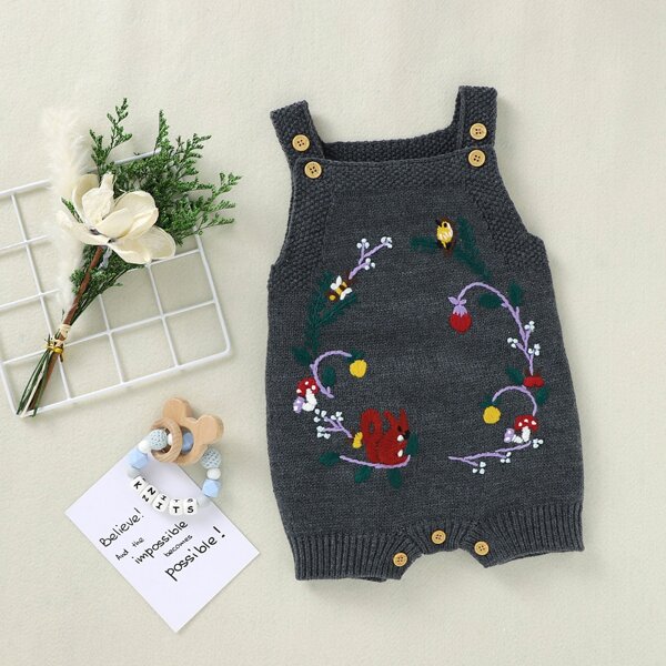 

Baby Unisex Cartoon Squirrel Embroidery Cami Knit Romper, Dark grey