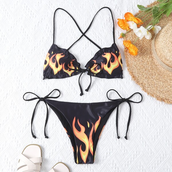 

Flame Tie Front Tie Side Bikini Swimsuit, Multicolor