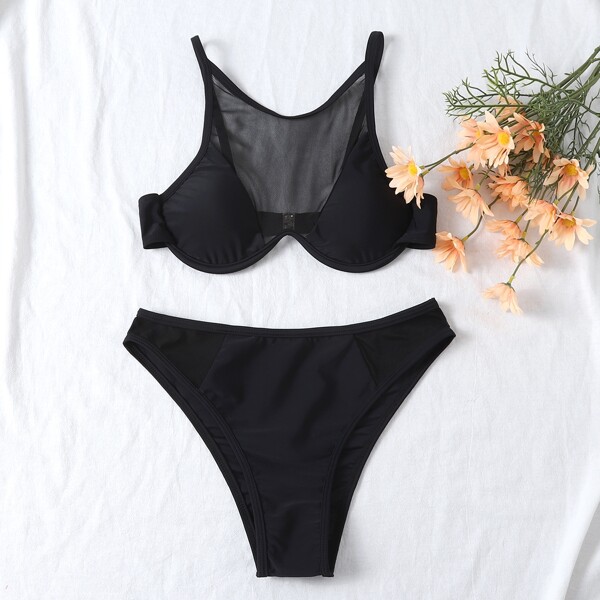 

Contrast Mesh Underwire Bikini Swimsuit, Black