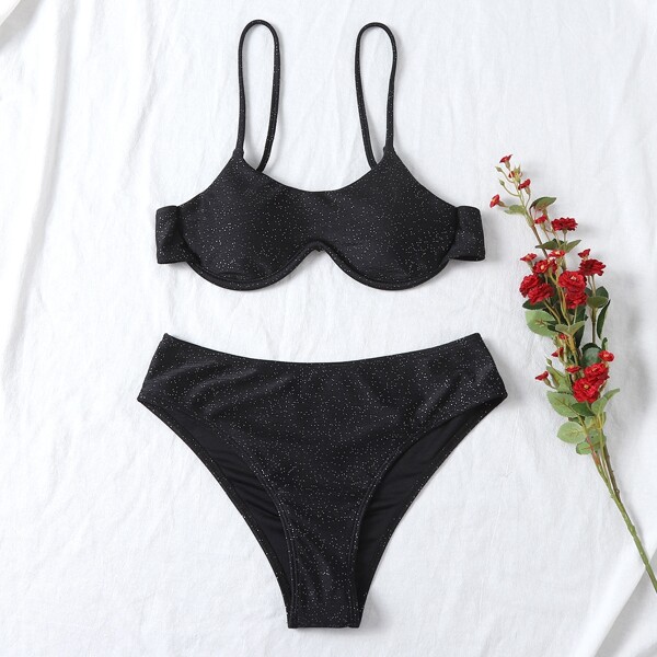 

Glitter Decor Underwire Bikini Swimsuit, Black