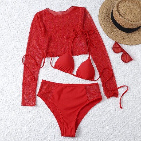 

3pack Mesh Lettuce Trim Triangle Bikini Swimsuit, Red