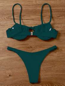 Rib Tie Front Underwire Bikini Set Summer Beach - Dark Green - View 2