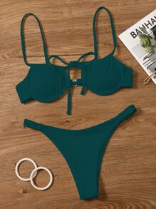 Rib Tie Front Underwire Bikini Set Summer Beach - Dark Green - View 5