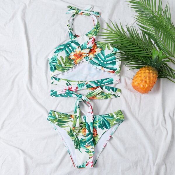 

Tropical Pom-pom Trim Cross Halter Bikini Swimsuit, Multicolor