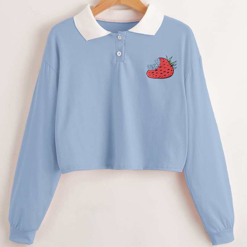 

Polo Neck Strawberry Print Tee, Baby blue