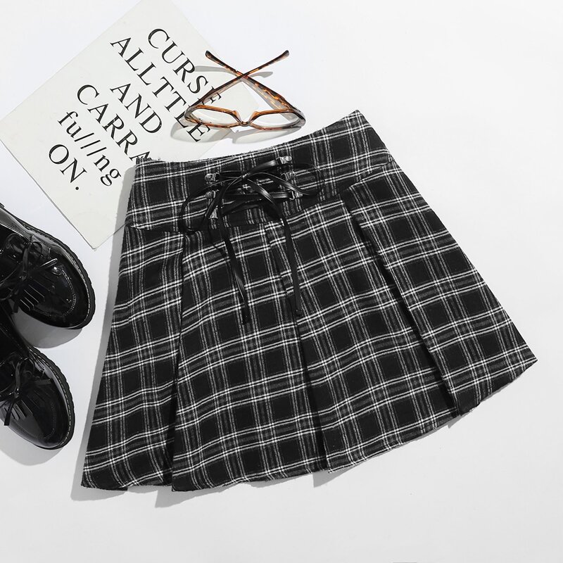 

Lace-Up Plaid Skirt, Black