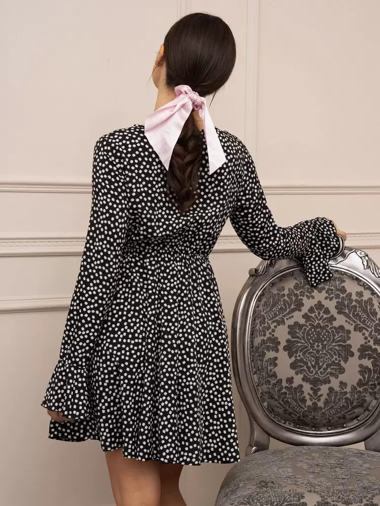 Ditsy Floral Flounce Sleeve A-Line Dress Winter Black Vacation Flower Beach Spring Holiday Resort