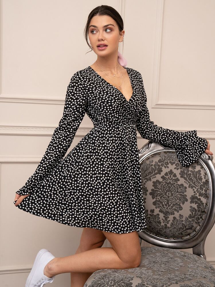 Ditsy Floral Flounce Sleeve A-Line Dress Winter Black Vacation Flower Beach Spring Holiday Resort