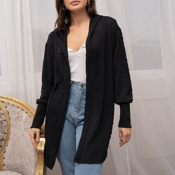 

Cable Knit Open Front Hooded Coat, Black