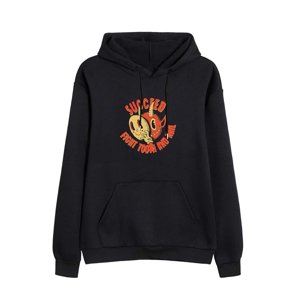 

Slogan Graphic Thermal Lined Drawstring Hoodie, Black