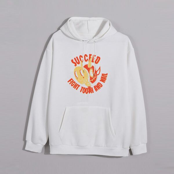 

Slogan Graphic Thermal Lined Drawstring Hoodie, White