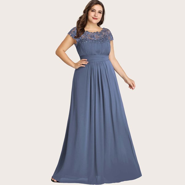 

Plus Lace Yoke Pleated Chiffon Prom Dress, Dusty blue
