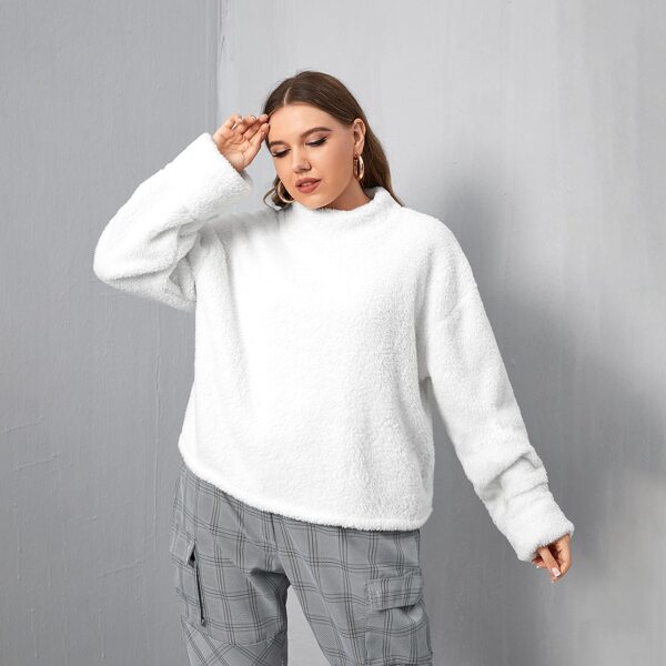 

Plus Funnel Neck Drop Shoulder Teddy Sweatshirt, White