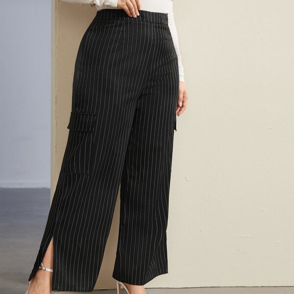 

Plus Striped Split Hem Wide Leg Pants, Black