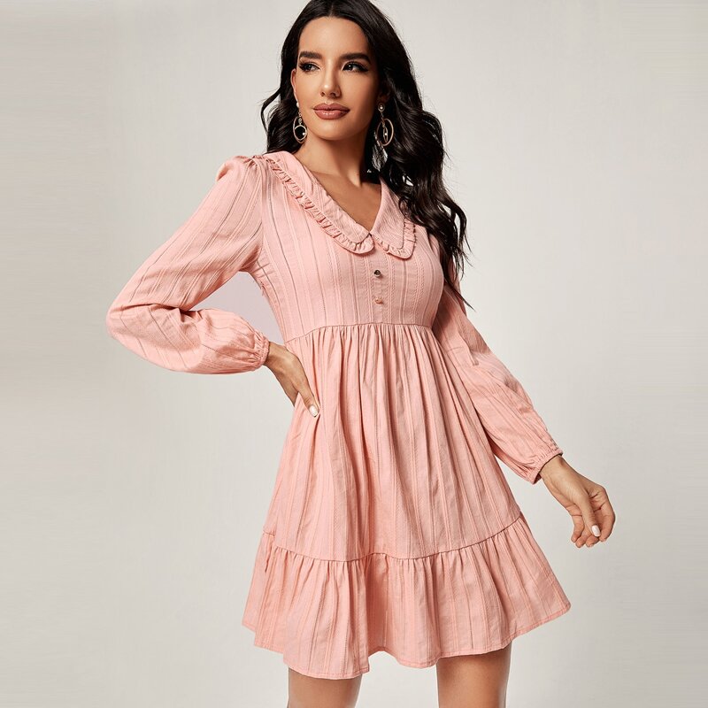 

Solid Frill Trim Flounce Hem Dress, Baby pink