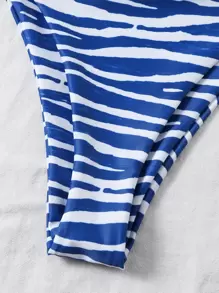 Striped Ring Linked Tanga Bikini Set Summer Beach - Blue and White - View 3