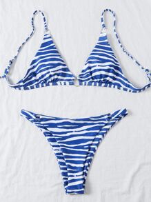 Striped Ring Linked Tanga Bikini Set Summer Beach - Blue and White - View 4