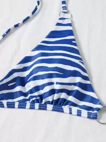 Striped Ring Linked Tanga Bikini Set Summer Beach - Blue and White - View 5
