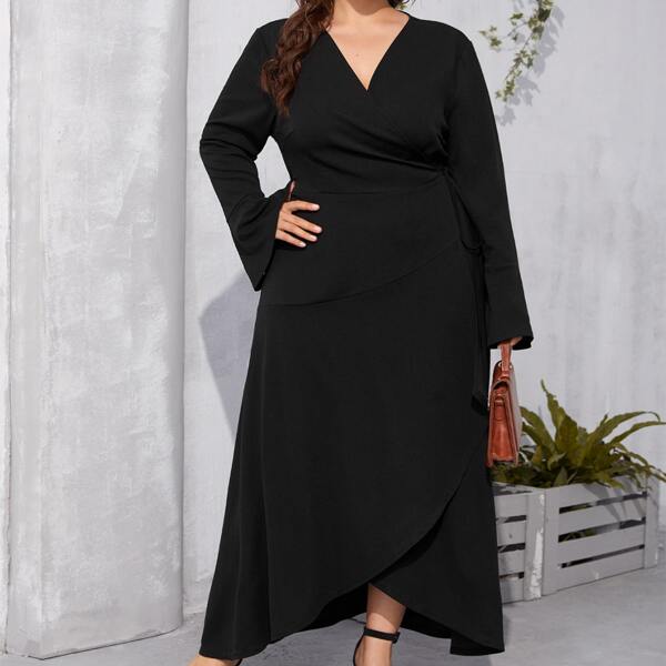 

Plus Solid Knot Side Surplice Front Dress, Black