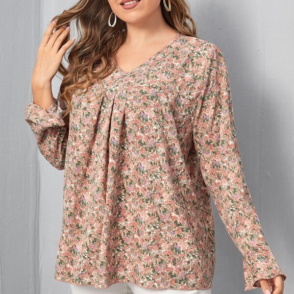 

Plus Allover Floral Flounce Sleeve Blouse, Multicolor