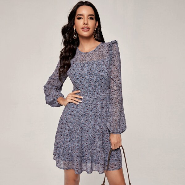 

Allover Print Ruffle Hem Chiffon Dress, Blue
