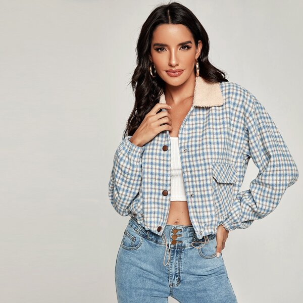 

Plaid Flap Pocket Jacket With Borg Collar, Blue and white