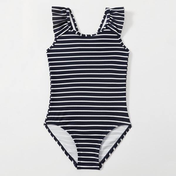 

Toddler Girls Striped Ruffle One Piece Swimsuit, Blue and white