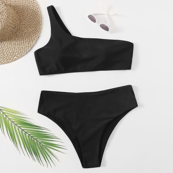 

Plus Solid One Shoulder Bikini Swimsuit, Black