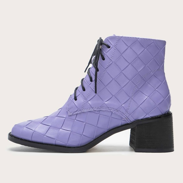 

Braided Embossed Lace-up Front Chunky Heeled Boots, Purple