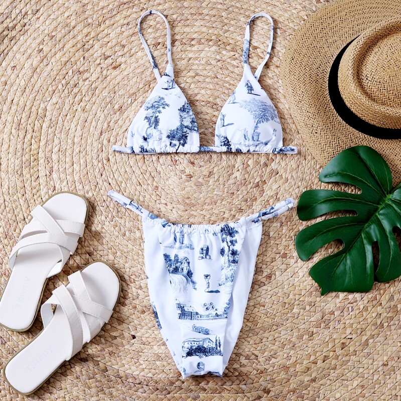 

Graphic Micro Triangle Thong Bikini Swimsuit, Multicolor