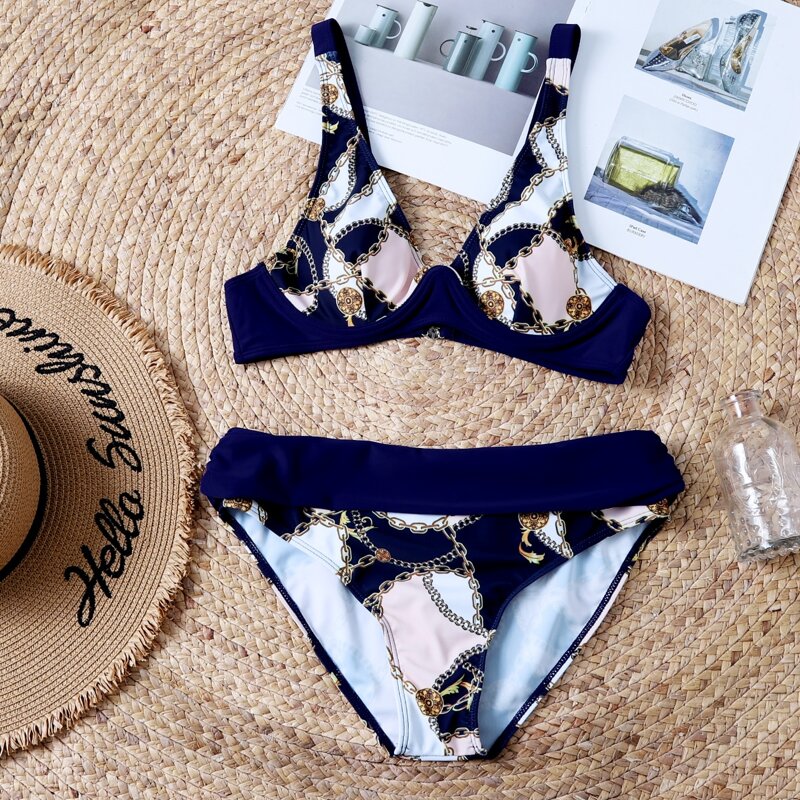 

Chain Print High Waisted Bikini Swimsuit, Multicolor