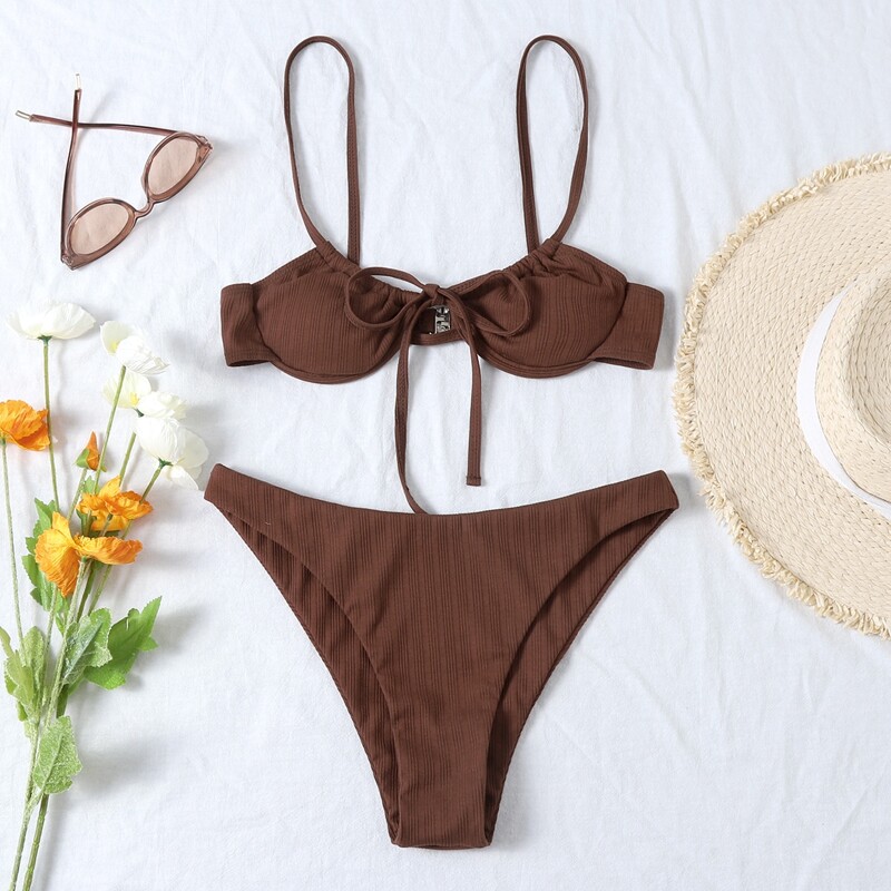 

Rib Tie Front Underwire Bikini Swimsuit, Coffee brown