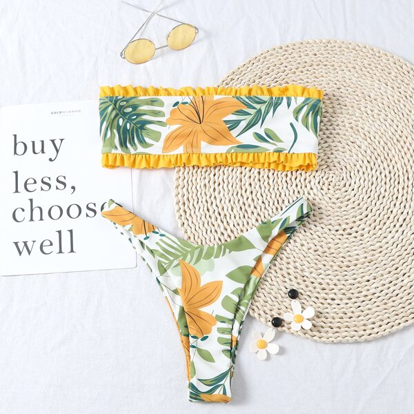 

Tropical Frill Trim Bandeau Bikini Swimsuit, Multicolor