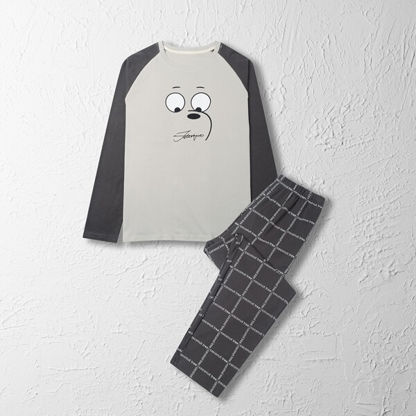 

Men Cartoon And Letter Graphic PJ Set, Grey