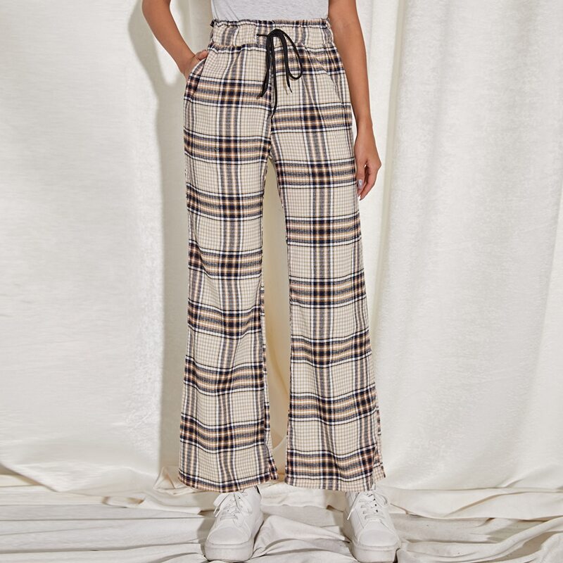 

Drawstring Waist Plaid Wide Leg Pants, Multicolor